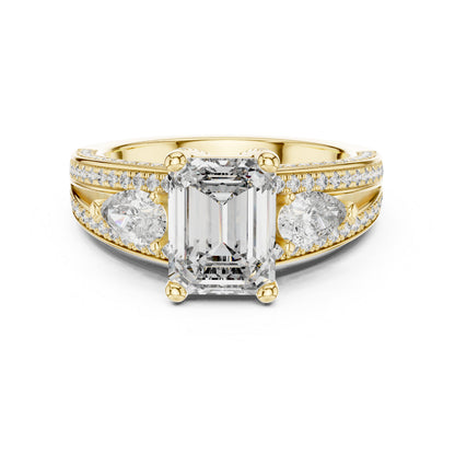 Women's Diamond Ring - Emerald, Pear & Round Cut Dimond in 14K Yellow Gold - Pure Carat