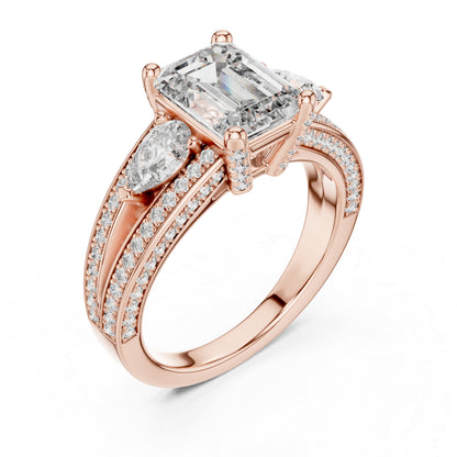 Women's Diamond Ring - Emerald, Pear & Round Cut Dimond in 14K Yellow Gold - Pure Carat