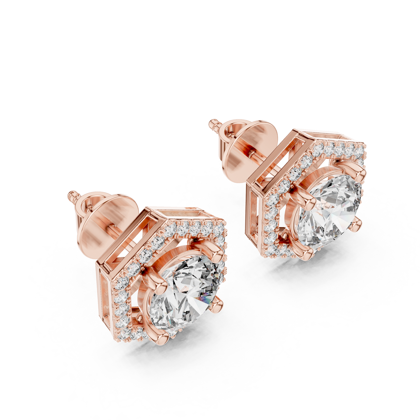 "Rose Gold Hexagon Halo Diamond Stud Earrings"