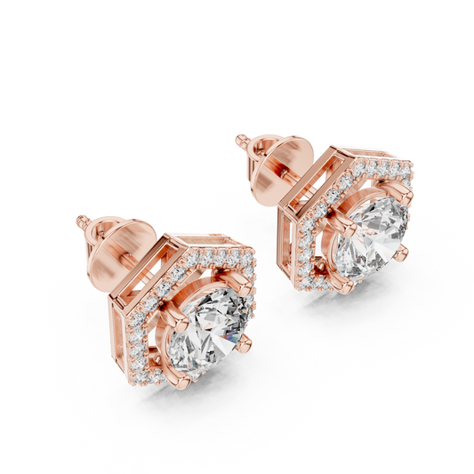 "Rose Gold Hexagon Halo Diamond Stud Earrings"