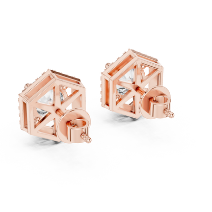"Rose Gold Hexagon Halo Diamond Stud Earrings"