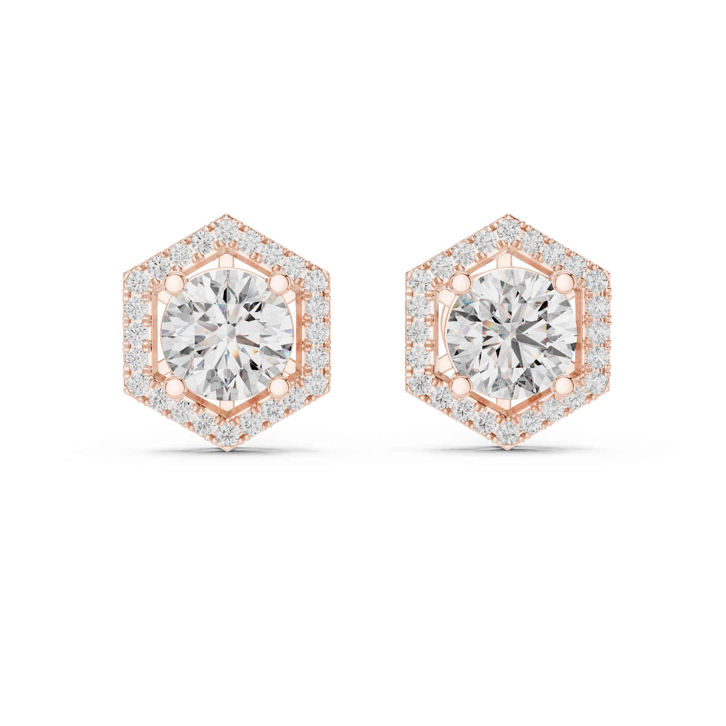 "Rose Gold Hexagon Halo Diamond Stud Earrings"