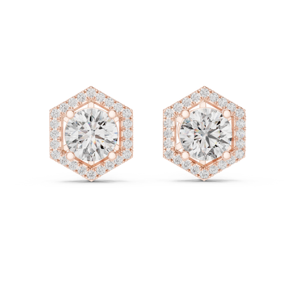 "Rose Gold Hexagon Halo Diamond Stud Earrings"