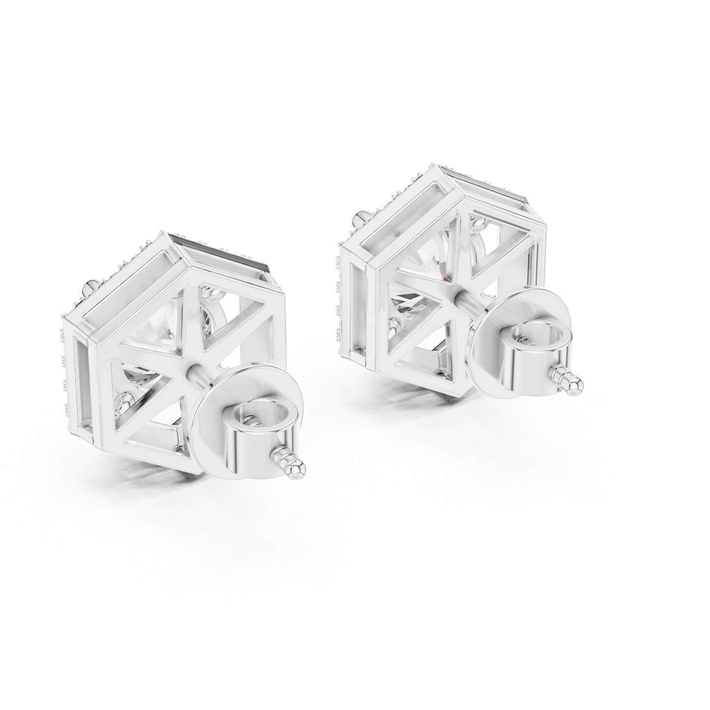 "Rose Gold Hexagon Halo Diamond Stud Earrings"