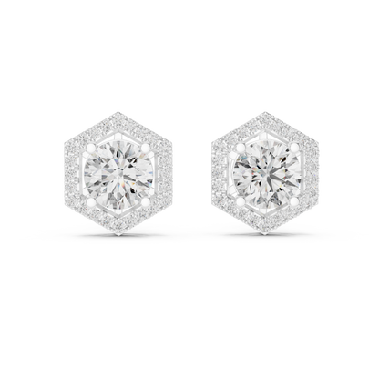 "Rose Gold Hexagon Halo Diamond Stud Earrings"