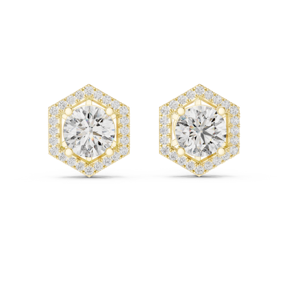 "Rose Gold Hexagon Halo Diamond Stud Earrings"