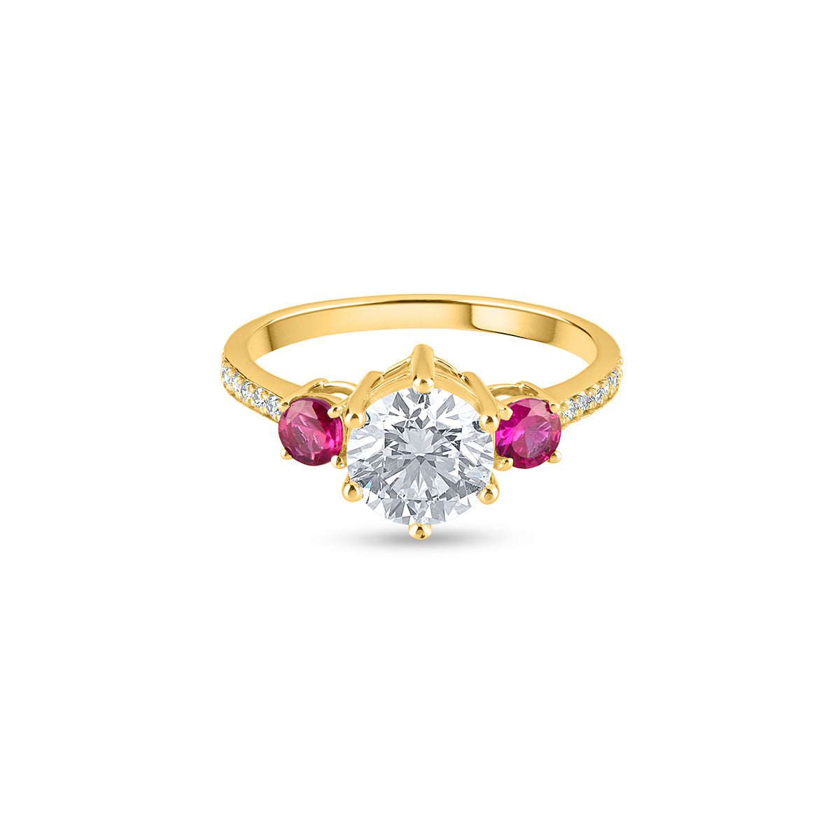 "Yellow gold ruby and diamond engagement ring"