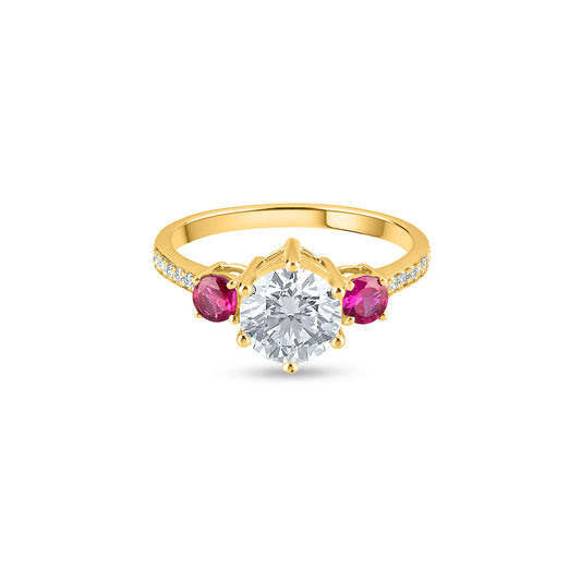 "Yellow gold ruby and diamond engagement ring"