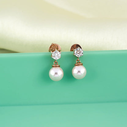 Round Cut Diamond With Pearl Drop Earrings.
