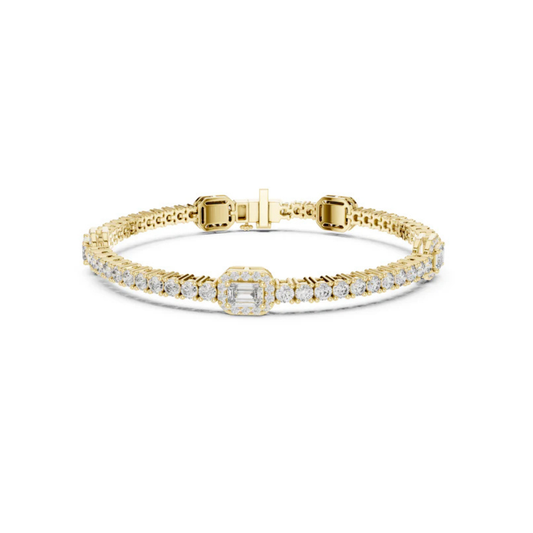 14k Yellow Gold Emerald/Round Lab-Grown Diamond Party Wear Bracelet | Pure Carat