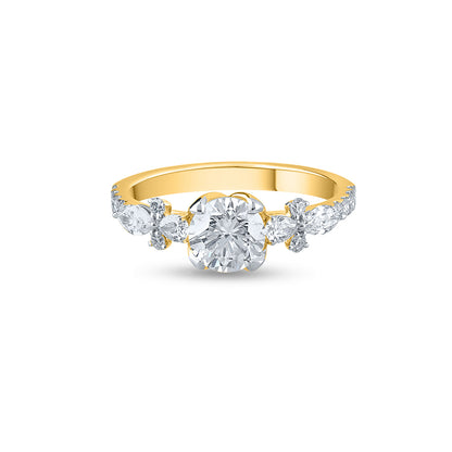 "Elegant Gold Five Stone Diamond Ring with Floral Side Details"