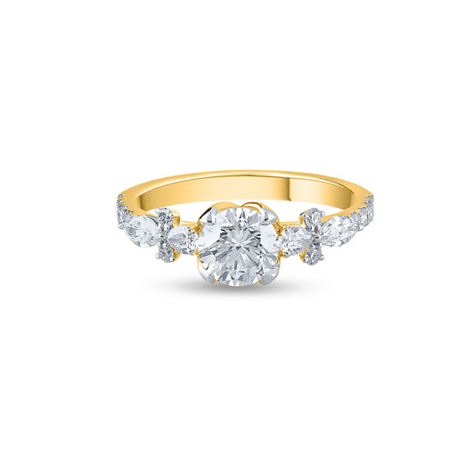 "Elegant Gold Five Stone Diamond Ring with Floral Side Details"