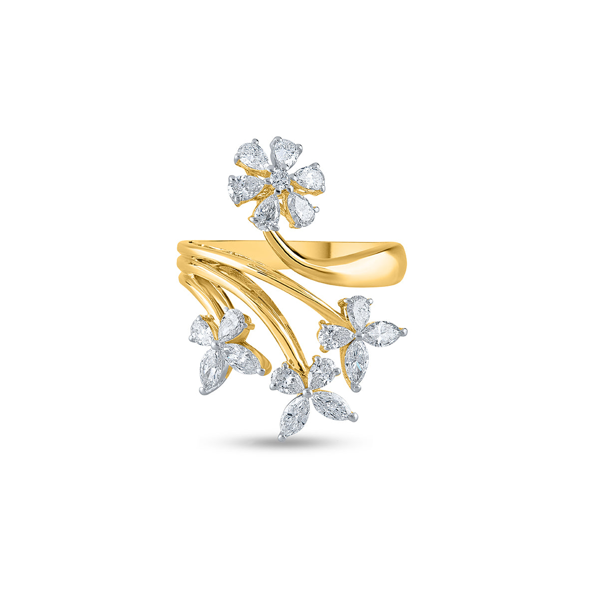 Luxurious Yellow Gold Cocktail Ring with Whimsical Floral Clusters of Pear Shaped Diamonds and a Central Round Diamond