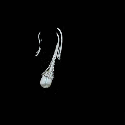 Round Cut Diamond Tear Drop Pearl Bridal Pave Earrings.