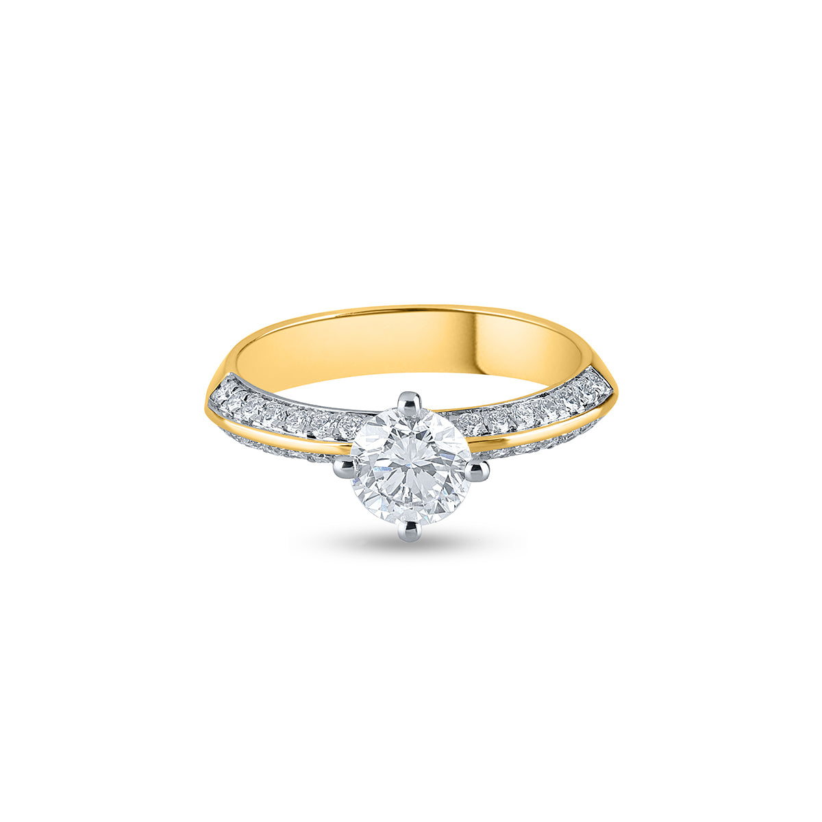 "Purecarat: 18K Two-Tone Yellow Gold Diamond Engagement Ring - Solitaire with Pave Accents"