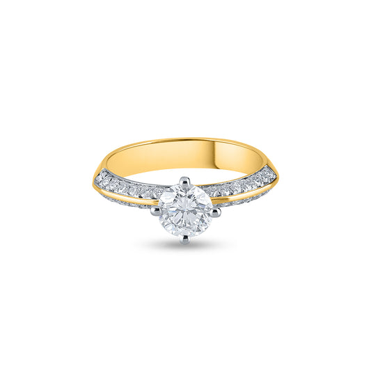 "Purecarat: 18K Two-Tone Yellow Gold Diamond Engagement Ring - Solitaire with Pave Accents"