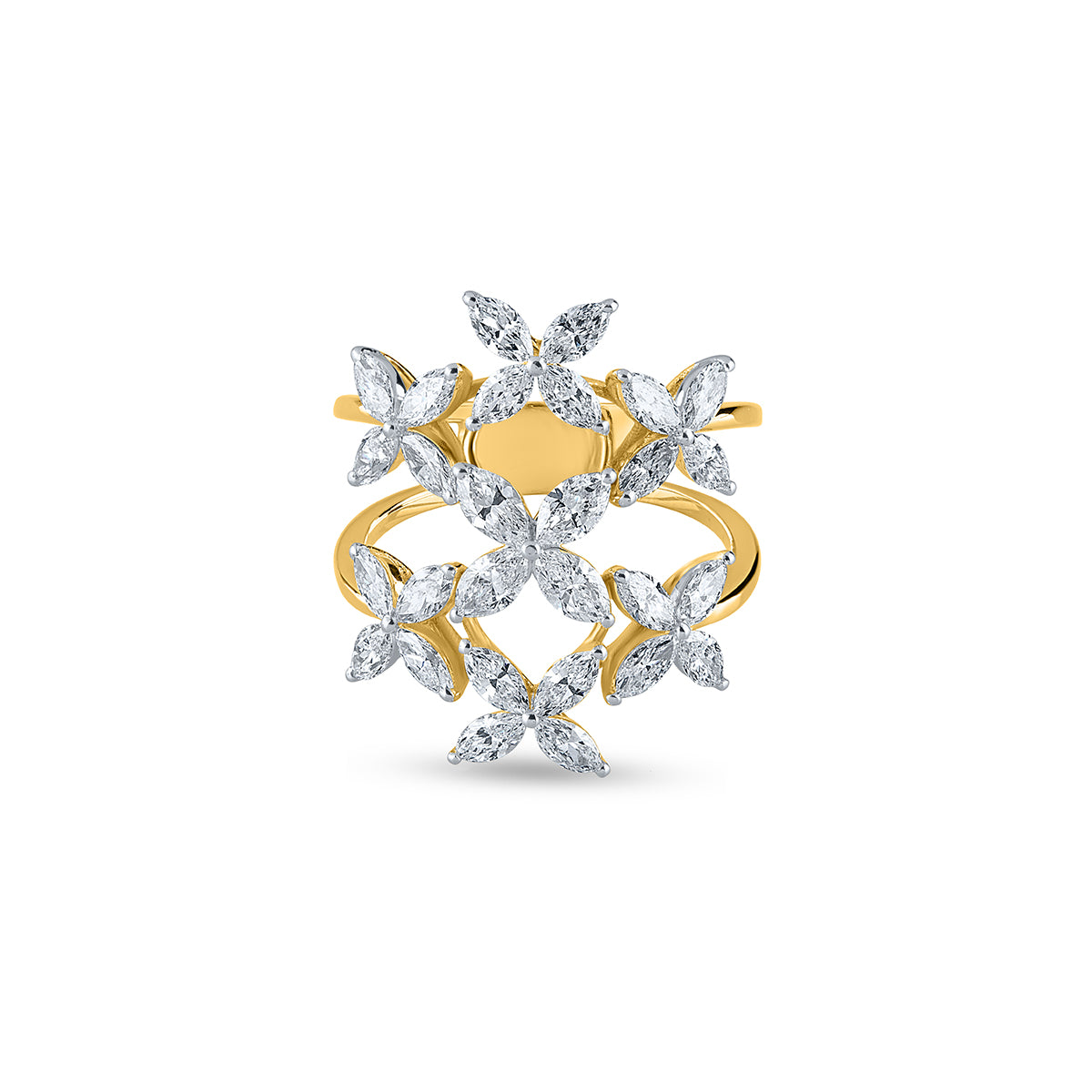 "Purecarat: The Florence Ring - Yellow Gold Diamond Floral Design Ring with Marquise Diamonds"
