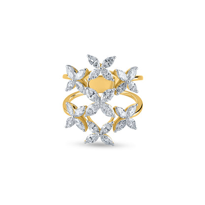 "Purecarat: The Florence Ring - Yellow Gold Diamond Floral Design Ring with Marquise Diamonds"