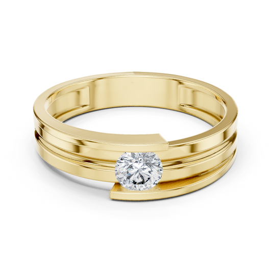 "Purecarat Men's Yellow Gold Solitaire Ring with Round Diamond and Modern Band"