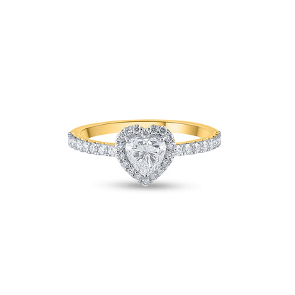 "Purecarat Yellow Gold Heart Halo Diamond Ring with Pave Band"