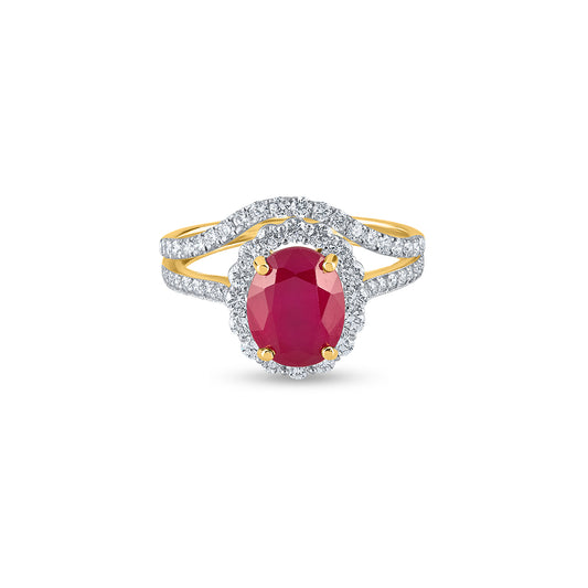 "Purecarat Yellow Gold Oval Ruby Diamond Halo Ring"