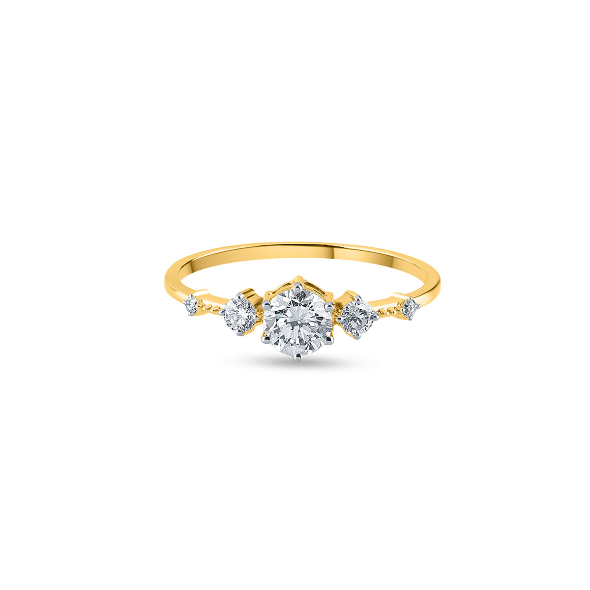 "Purecarat Yellow Gold Round Diamond Solitaire Ring with Geometric Side Stones"