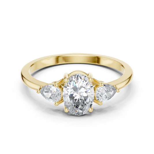 Purecarat Yellow Gold Three Stone Oval & Pear Diamond Ring