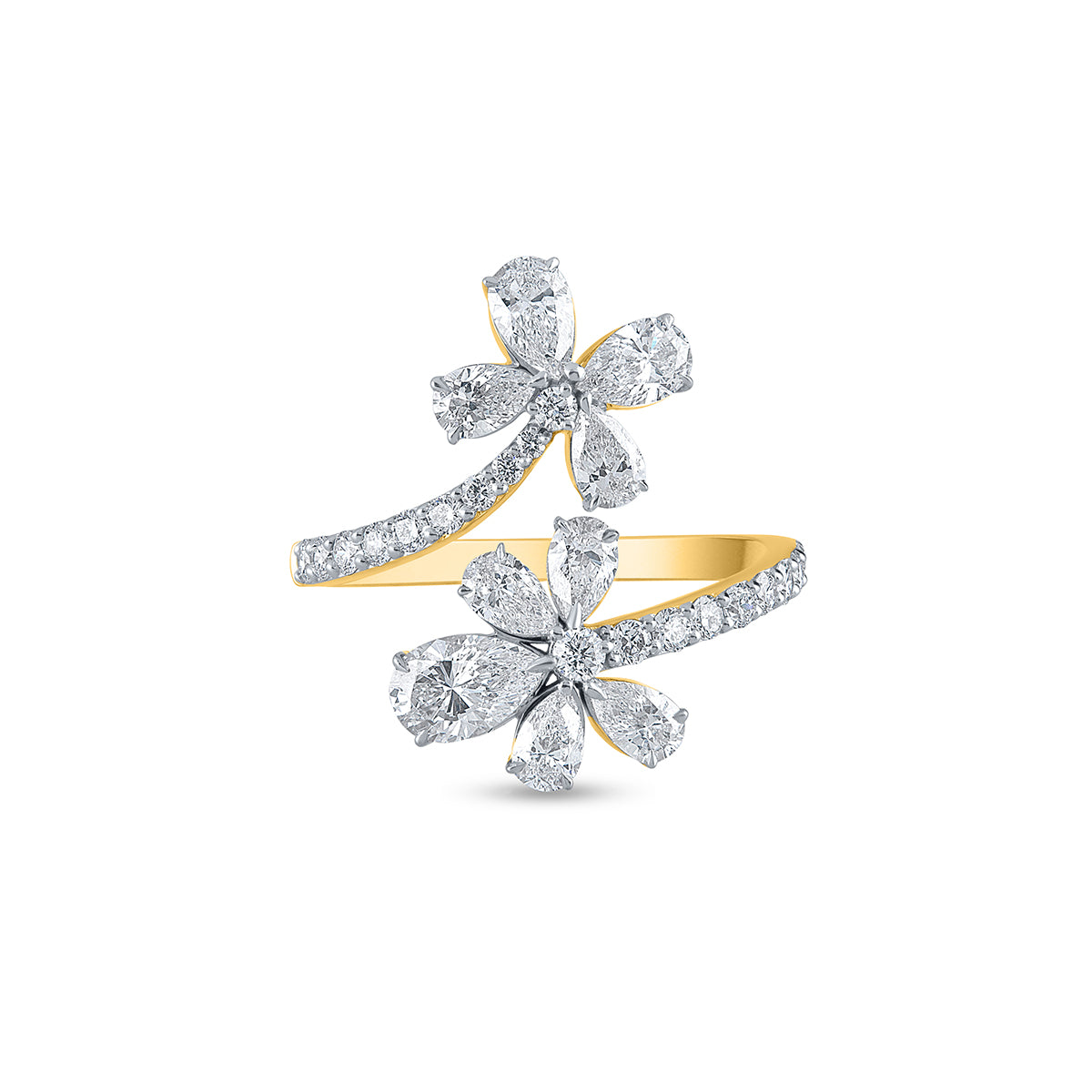 "Purecarat Yellow Gold Two-Flower Diamond Bypass Ring with Pear Shaped Diamonds and Pave Band"