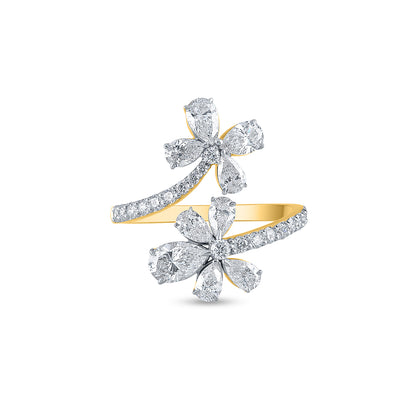"Purecarat Yellow Gold Two-Flower Diamond Bypass Ring with Pear Shaped Diamonds and Pave Band"