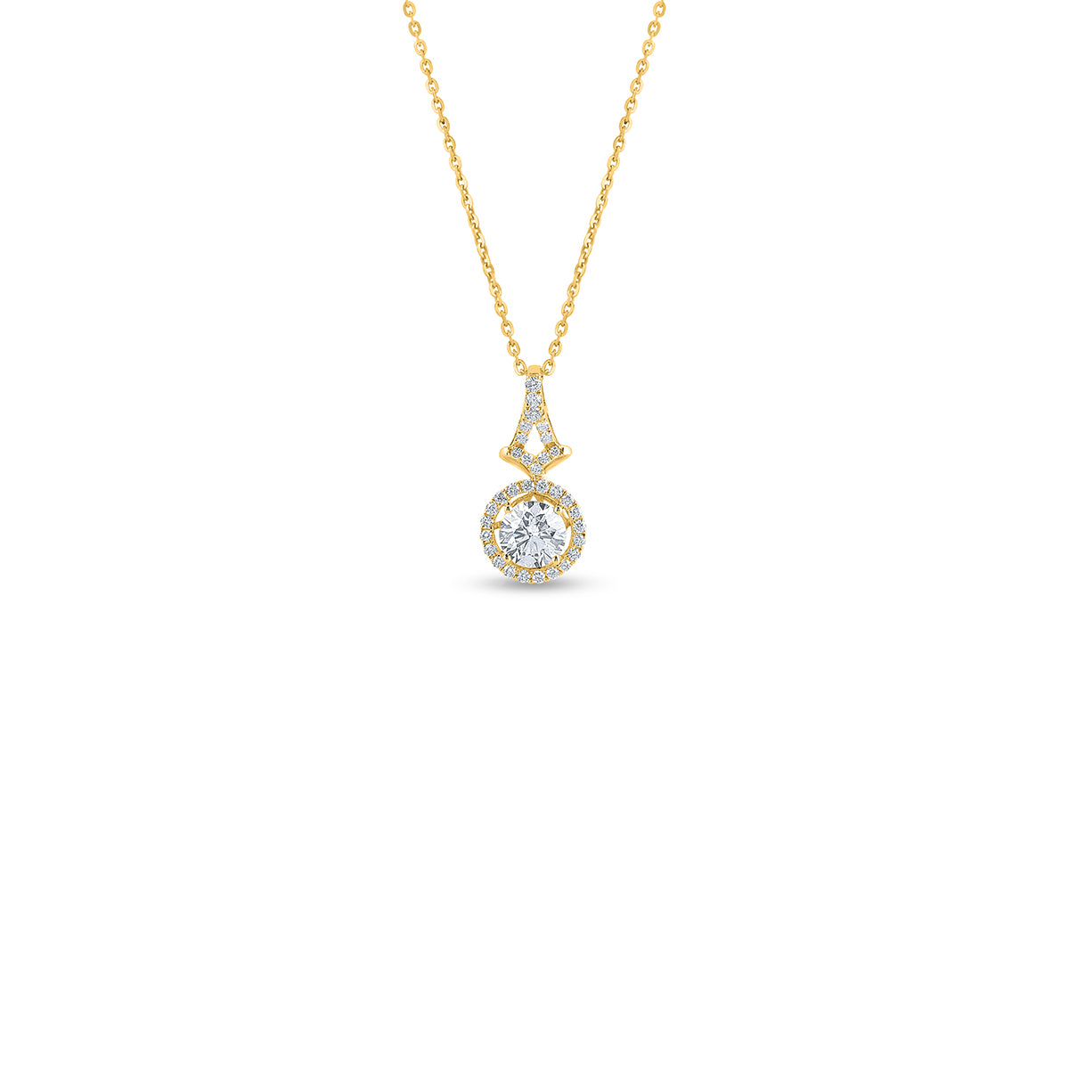 "Elegant round diamond halo pendant in 18k yellow gold. Discover a wide selection of beautiful diamond jewelry on ."