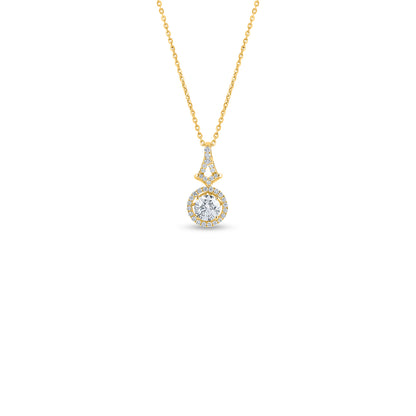 "Elegant round diamond halo pendant in 18k yellow gold. Discover a wide selection of beautiful diamond jewelry on ."