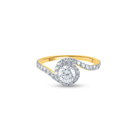 Natural Diamond Bypass Ring in Yellow Gold with a 0.95 Ct Round Center Stone surrounded by a Halo and Pave Accents